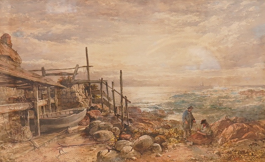 James George Philp (1816-1885), watercolour, Coastal view, fisherman and woman, signed, 33 x 55cm. Condition - fair